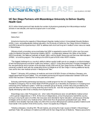 UC San Diego Partners with Mozambique University to Deliver Quality Health Care--$12.5 million linked grants will help double the number of physicians graduating from Mozambique medical schools in next decade, and improve surgical care in rural areas