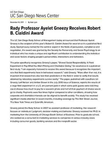Rady Professor Ayelet Gneezy Receives Robert B. Cialdini Award