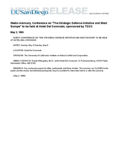 Media Advisory, Conference on "The Strategic Defense Initiative and West Europe" to be held at Hotel Del Coronado, sponsored by TGCC