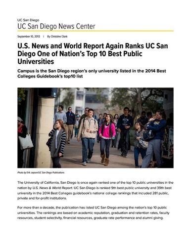 U.S. News and World Report Again Ranks UC San Diego One of Nation’s Top 10 Best Public Universities