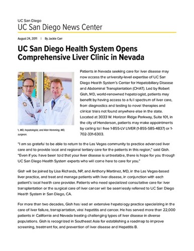 UC San Diego Health System Opens Comprehensive Liver Clinic in Nevada