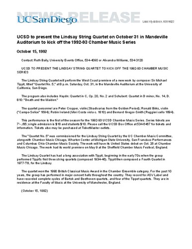 UCSD to present the Lindsay String Quartet on October 31 in Mandeville Auditorium to kick off the 1992-93 Chamber Music Series