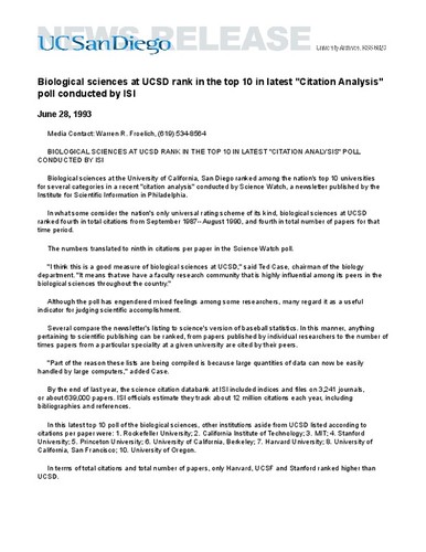 Biological sciences at UCSD rank in the top 10 in latest "Citation Analysis" poll conducted by ISI