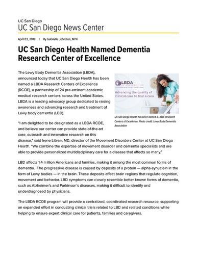 UC San Diego Health Named Dementia Research Center of Excellence