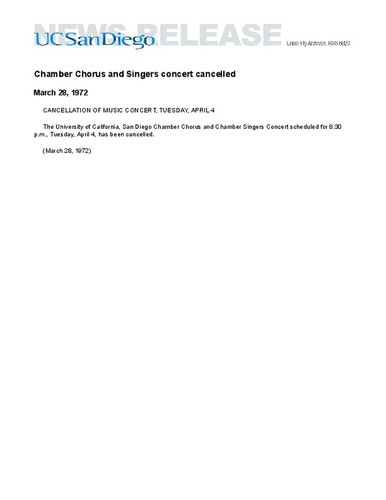 Chamber Chorus and Singers concert cancelled