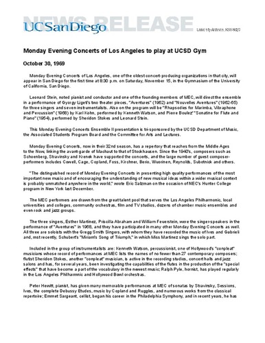 Monday Evening Concerts of Los Angeles to play at UCSD Gym