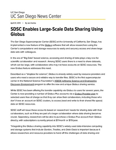 SDSC Enables Large-Scale Data Sharing Using Globus