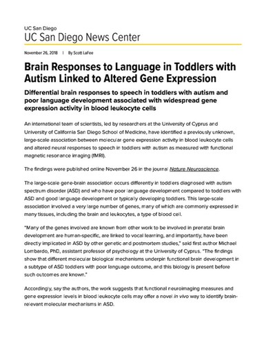 Brain Responses to Language in Toddlers with Autism Linked to Altered Gene Expression