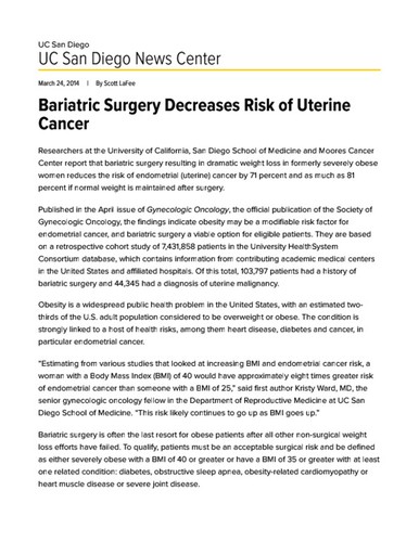 Bariatric Surgery Decreases Risk of Uterine Cancer