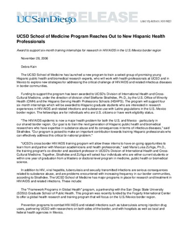 UCSD School of Medicine Program Reaches Out to New Hispanic Health Professionals--Award to support six-month training internships for research in HIV/AIDS in the U.S./Mexico border region