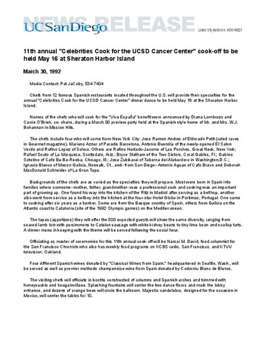 11th annual "Celebrities Cook for the UCSD Cancer Center" cook-off to be held May 16 at Sheraton Harbor Island