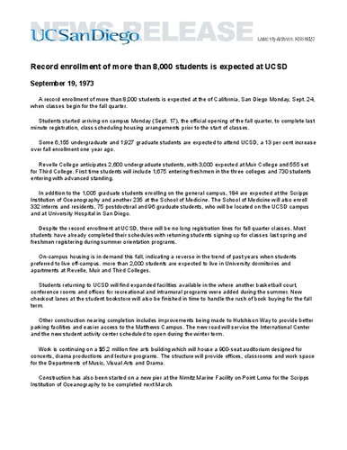 Record enrollment of more than 8,000 students is expected at UCSD ...