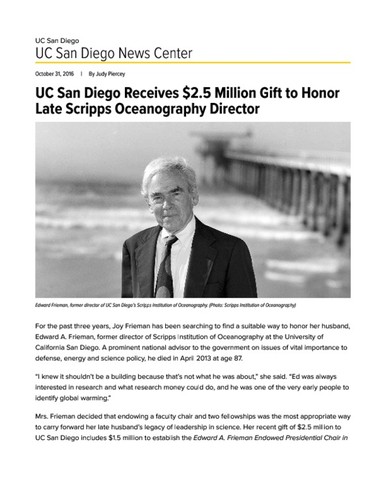 UC San Diego Receives $2.5 Million Gift to Honor Late Scripps Oceanography Director