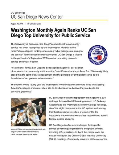 Washington Monthly Again Ranks UC San Diego Top University for Public Service