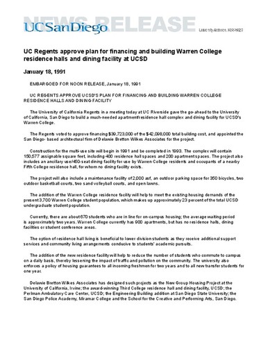 UC Regents approve plan for financing and building Warren College residence halls and dining facility at UCSD