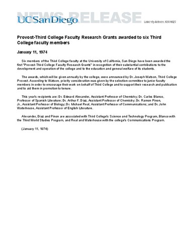 Provost-Third College Faculty Research Grants awarded to six Third College faculty members