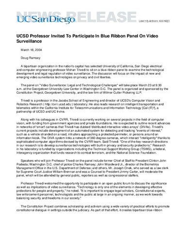 UCSD Professor Invited To Participate In Blue Ribbon Panel On Video Surveillance