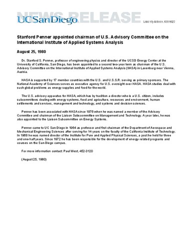 Stanford Penner appointed chairman of U.S. Advisory Committee on the International Institute of Applied Systems Analysis