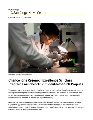 Chancellor's Research Excellence Scholars Program Launches 175 Student-Research Projects