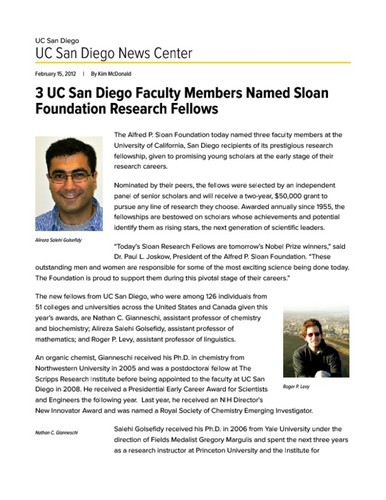 3 UC San Diego Faculty Members Named Sloan Foundation Research Fellows