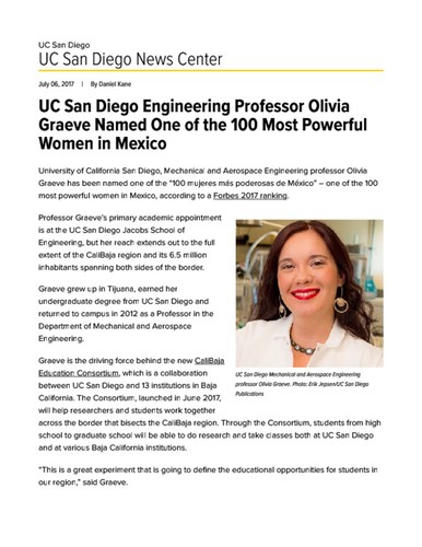 UC San Diego Engineering Professor Olivia Graeve Named One of the 100 Most Powerful Women in Mexico