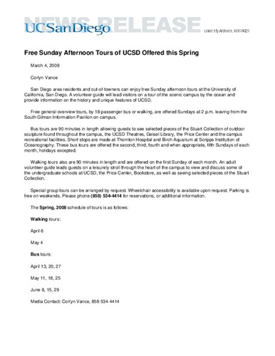 Free Sunday Afternoon Tours of UCSD Offered this Spring