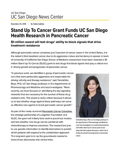 Stand Up To Cancer Grant Funds UC San Diego Health Research in Pancreatic Cancer