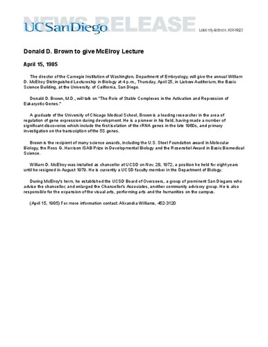 Donald D. Brown to give McElroy Lecture