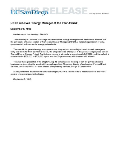 UCSD receives 'Energy Manager of the Year Award