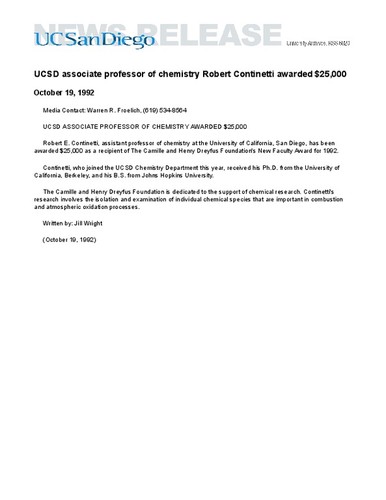 UCSD associate professor of chemistry Robert Continetti awarded $25,000