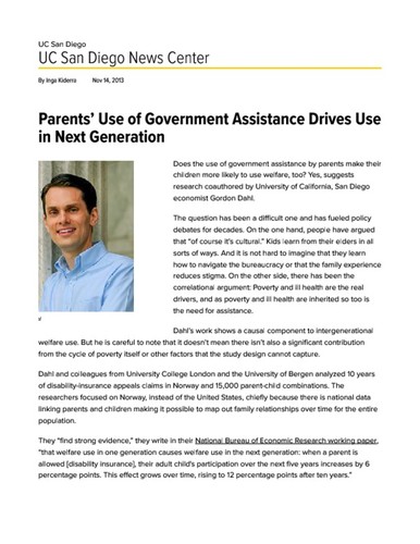 Parents’ Use of Government Assistance Drives Use in Next Generation