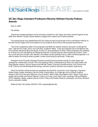 UC San Diego Assistant Professors Receive Hellman Faculty Fellows Awards