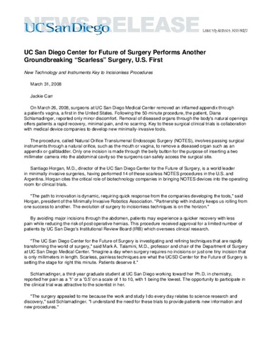 UC San Diego Center for Future of Surgery Performs Another Groundbreaking “Scarless” Surgery, U.S. First--New Technology and Instruments Key to Incisionless Procedures
