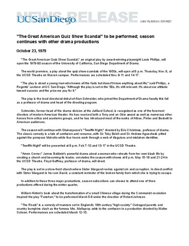 "The Great American Quiz Show Scandal" to be performed; season continues with other drama productions