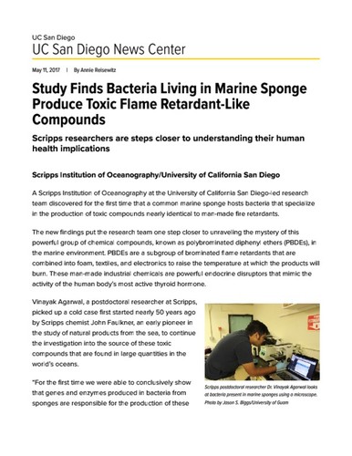 Study Finds Bacteria Living in Marine Sponge Produce Toxic Flame Retardant-Like Compounds