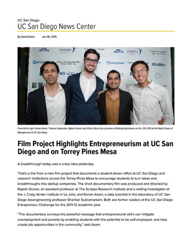 Film Project Highlights Entrepreneurism at UC San Diego and on Torrey Pines Mesa