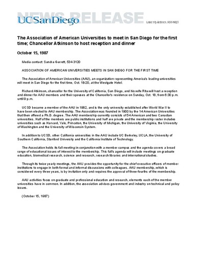 The Association of American Universities to meet in San Diego for the first time; Chancellor Atkinson to host reception and dinner