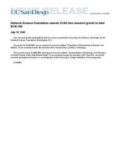 National Science Foundation awards UCSD two research grants to total $216,100