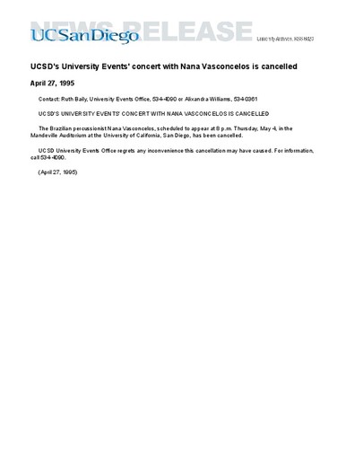 UCSD's University Events' concert with Nana Vasconcelos is cancelled