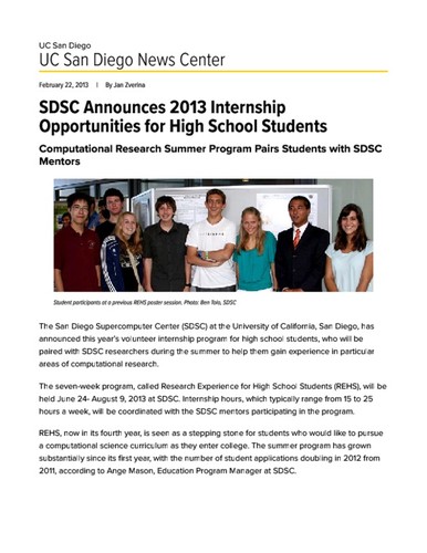 SDSC Announces 2013 Internship Opportunities for High School Students
