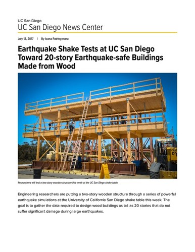 Earthquake Shake Tests at UC San Diego Toward 20-story Earthquake-safe Buildings Made from Wood