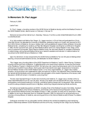 In Memoriam: Dr. Paul Jagger