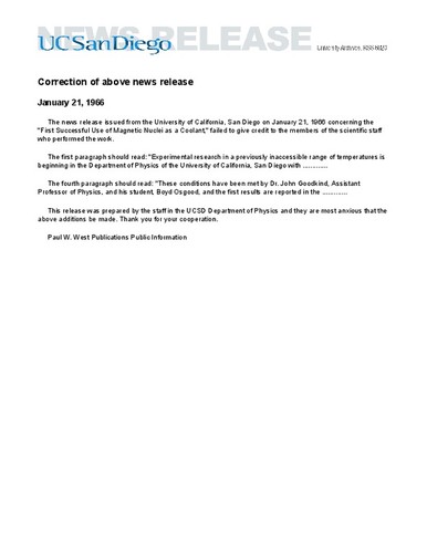 Correction of above news release