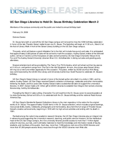 UC San Diego Libraries to Hold Dr. Seuss Birthday Celebration March 2--Members of the campus community and the public are invited to annual birthday bash