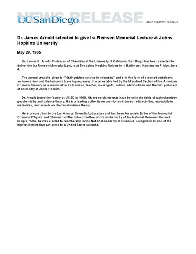 Dr. James Arnold selected to give Ira Remsen Memorial Lecture at Johns Hopkins University