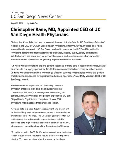 Christopher Kane, MD, Appointed CEO of UC San Diego Health Physicians