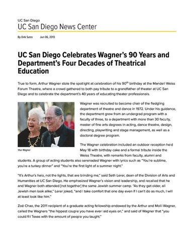 UC San Diego Celebrates Wagner’s 90 Years and Department’s Four Decades of Theatrical Education