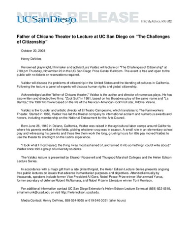 Father of Chicano Theater to Lecture at UC San Diego on “The Challenges of Citizenship”