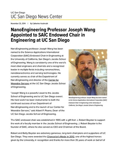 NanoEngineering Professor Joseph Wang Appointed to SAIC Endowed Chair in Engineering at UC San Diego