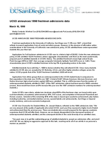 UCSD announces 1998 freshmen admissions data